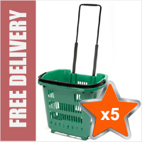 5 x 34 Litre Shopping Basket On Wheels - Green